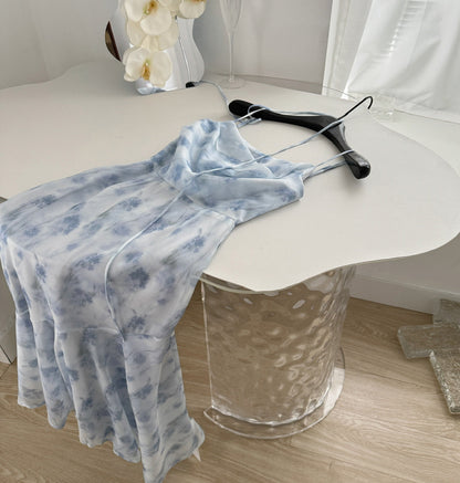 Sexy Mermaid Spaghetti Straps Blue Floral Midi Summer Dress Holiday Party Birthday Outfits For Womens DP0152