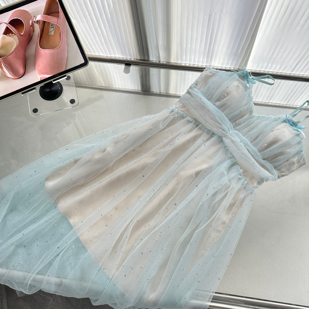 Sexy A Line Spaghetti Straps Blue Tulle Summer Dress Holiday Party Birthday Outfits For Teens DP0142