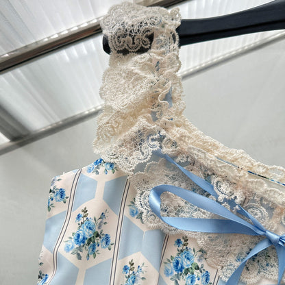 Sexy A line Straps Floral Blue Summer Dress Holiday Party Birthday Outfits For Women DP0144