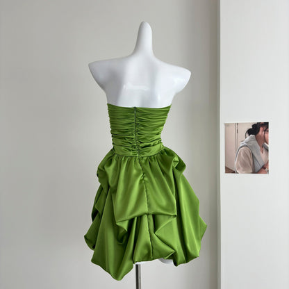 Cute A line Strapless Green Satin Short Summer Dress Holiday Party Birthday Outfits DP0145