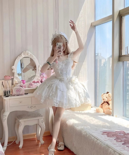 French Ball Gown Straps Short Tulle White Lolita Dresses Party Dress Birthday Outfits SD1198