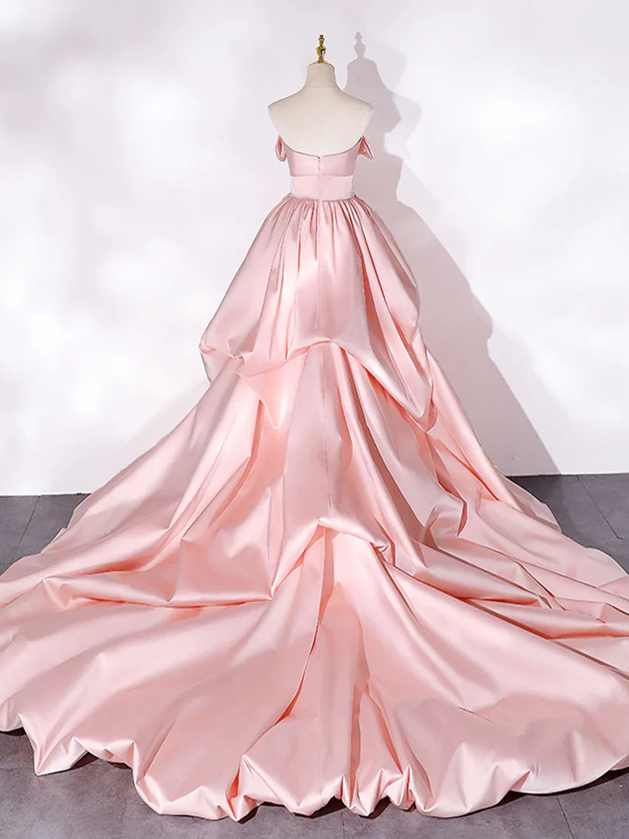 Elegant Pink A Line Strapless Appliques Satin Evening Dress Prom Dress SH1609