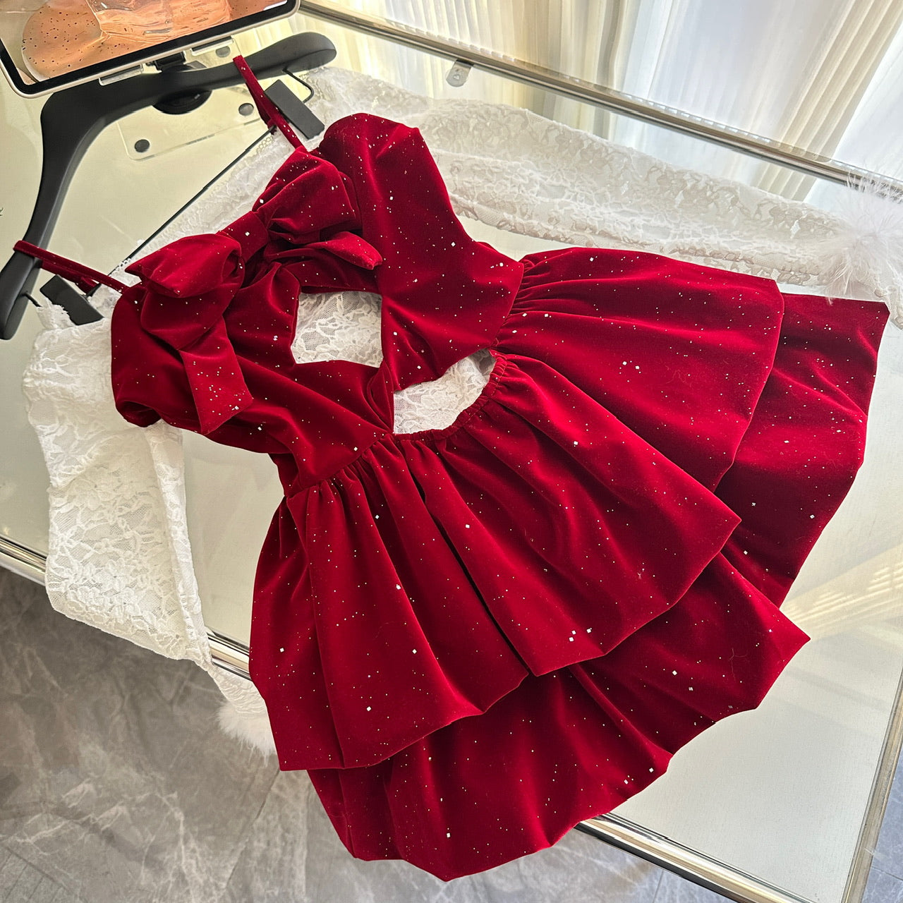 Cute Spaghetti Straps Red Ruffles Velvet Summer Dress 3 Pieces Holiday Party Outfits For Women DP0092