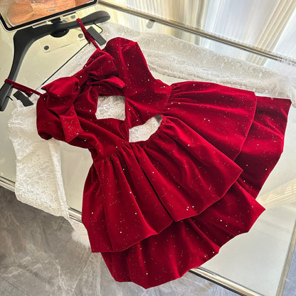Cute Spaghetti Straps Red Ruffles Velvet Summer Dress 3 Pieces Holiday Party Outfits For Women DP0092