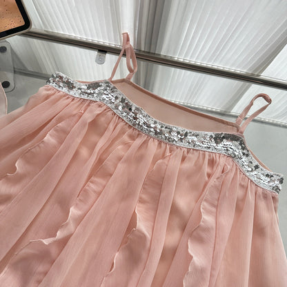 Cute A Line Spaghetti Straps Pink Chiffon Summer Dress Holiday Short Party Outfits For Women DP0102