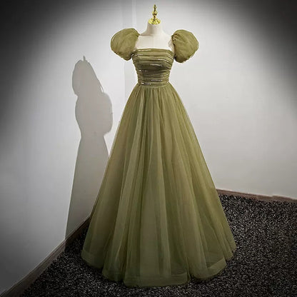 Simple A line Tulle Green  Long Prom Dresses SH218