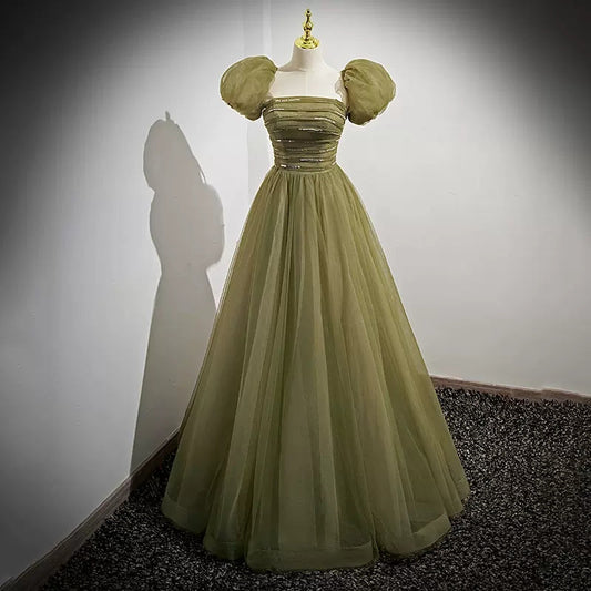 Simple A line Tulle Green  Long Prom Dresses SH218