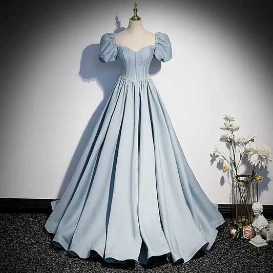 Simple A line Light Sky Blue Satin Long Prom Dresses SH047
