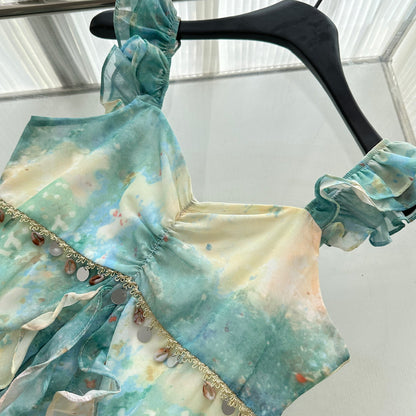 Sexy Mermaid Square Floral Green Summer Dress Holiday Party Outfits For Women DP0126