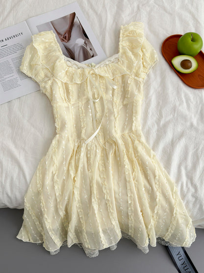 Cute A Line Square Neckline Floral Short Yellow Summer Dress Holiday Party Outfits For Women DP0122