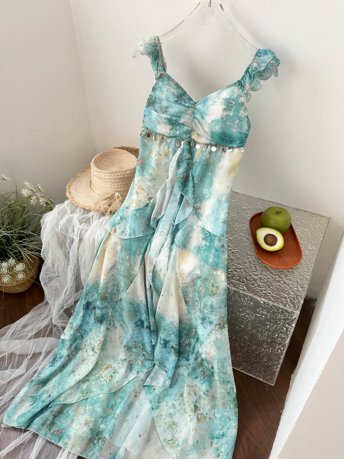 Sexy Mermaid Square Floral Green Summer Dress Holiday Party Birthday Outfits For Women DP0127