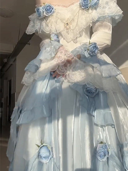 Vintage Ball Gown Off The Shoulder Short Sleeves 16th Blue Birthday Dress Lolita Summer Dress 18th Birthday Outfits W1134