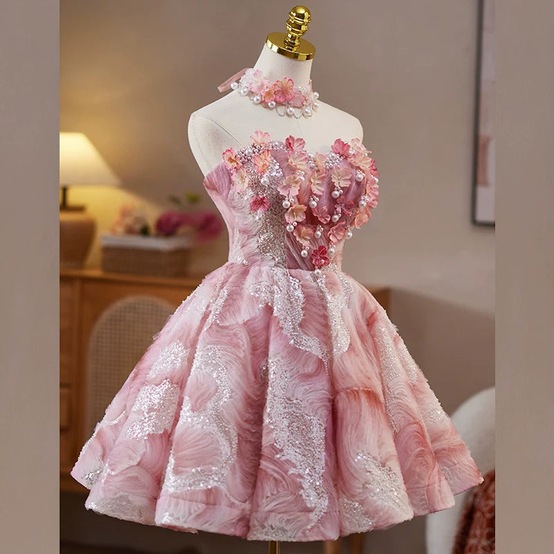 Pink fluffy sweet girl short prom dress homecoming dress party birthday party tube top princess dress gh4605