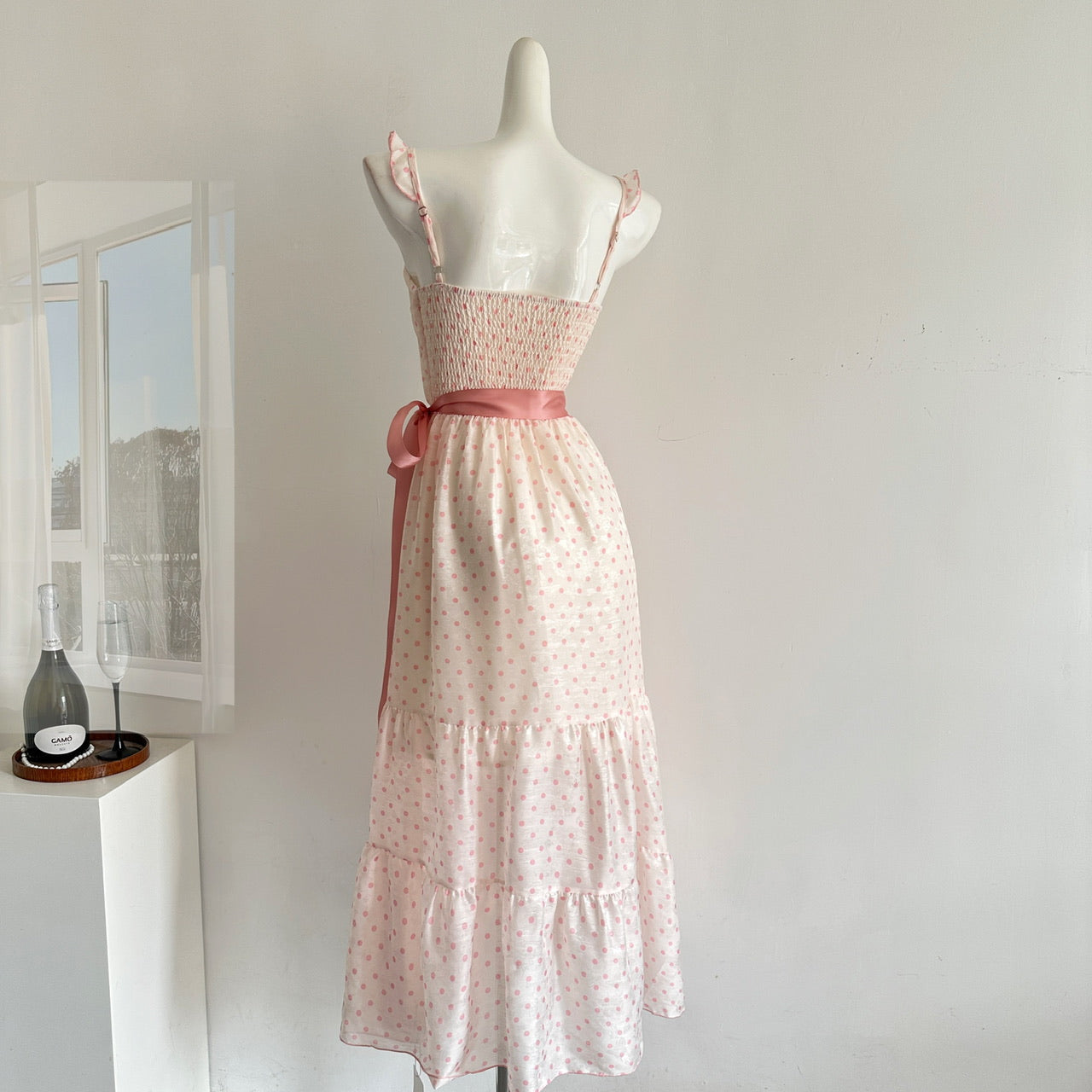 Sexy A line Square Neckline Pink Summer Polka Dots Dress Holiday Party Outfits For Women DP0110