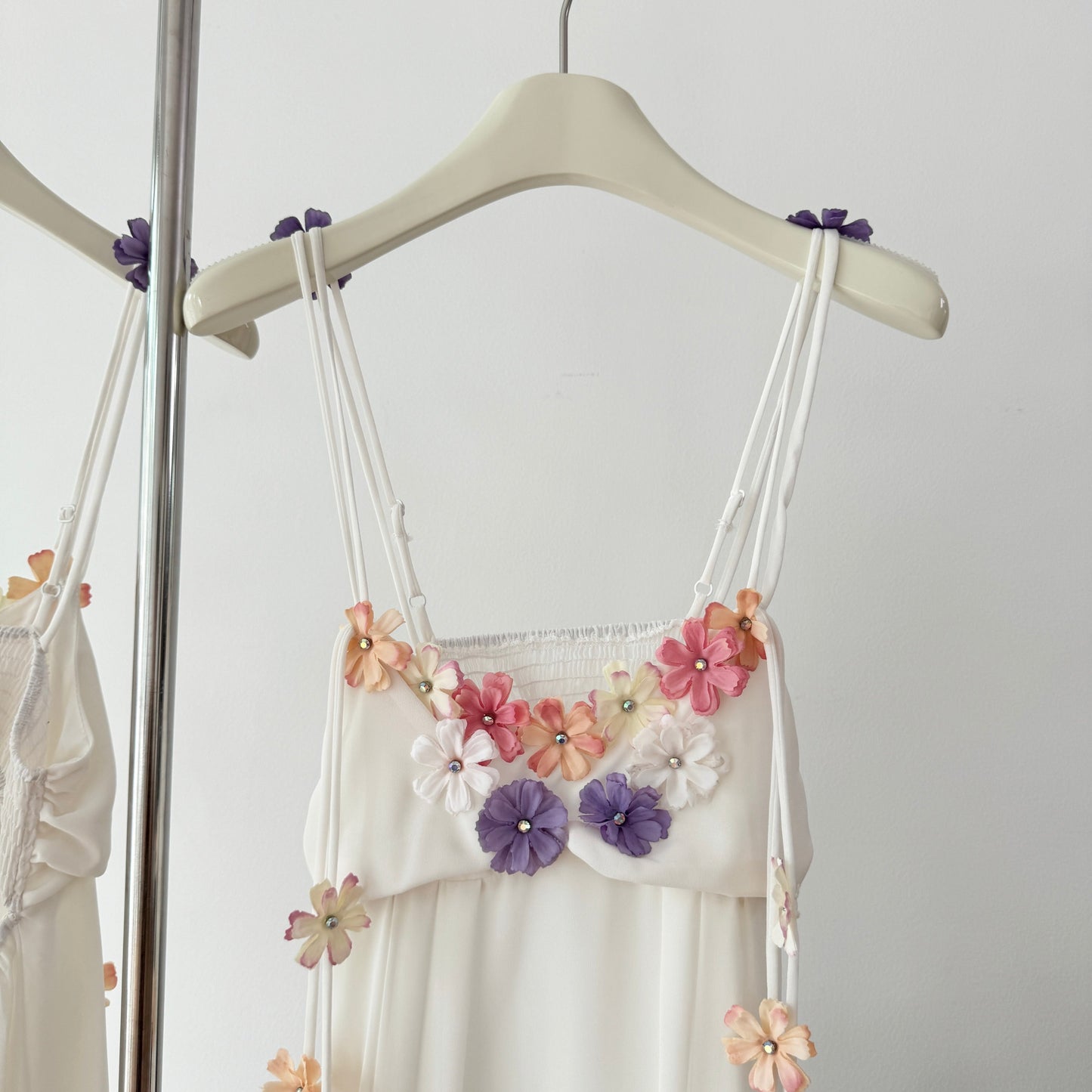 Cute A Line Spaghetti Straps Floral White Chiffon Summer Dress Holiday Party Outfits For Women DP0129