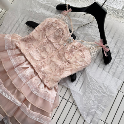 Sexy A line Spaghetti Straps 2 Pieces Pink Summer Dress Holiday Dresses Party Outfits For Women DP0118