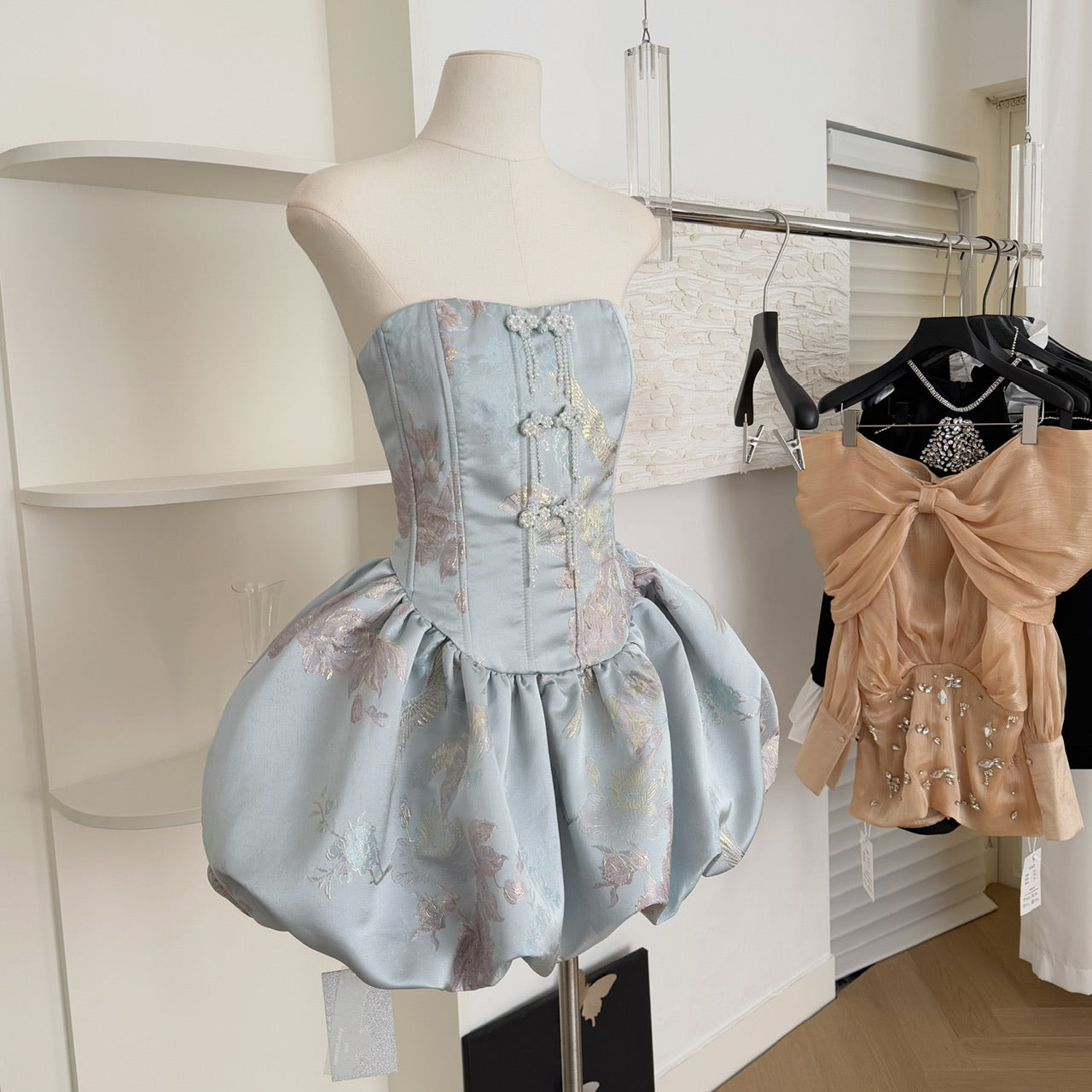 Cute Ball Gown Strapless Satin Floral Pink Short Summer Dress Holiday Party Outfits For Women DP0097