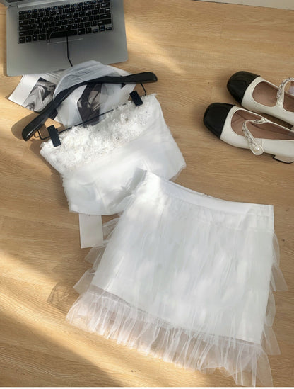 Cute Spaghetti Straps Pink Ruffles Tulle Summer Dress 2 Pieces Holiday Party Outfits For Women DP0094