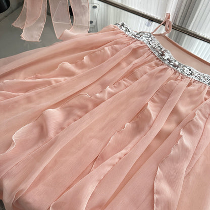 Cute A Line Spaghetti Straps Pink Chiffon Summer Dress Holiday Short Party Outfits For Women DP0102