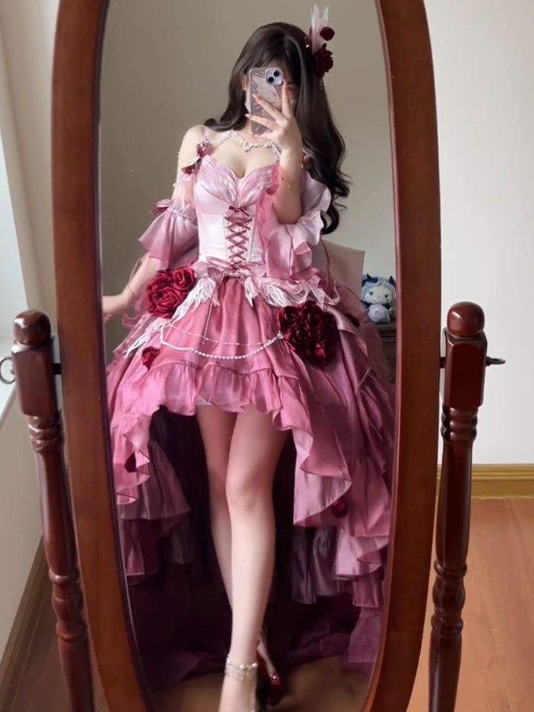 Vintage Ball Gown Spaghetti Straps Chiffon Summer 18th Birthday Dress High Low Ombre Pink Lolita Dress Birthday Outfits DH2415