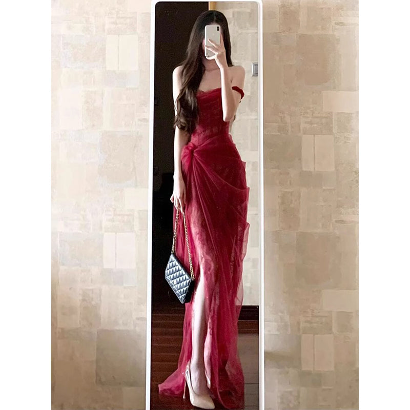 Vintage Sheath Off The Shoulder Lace Burgundy 22th Birthday Dress Party Dress Cute Evening Outfits DH2443