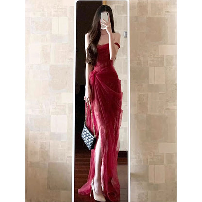 Vintage Sheath Off The Shoulder Lace Burgundy 22th Birthday Dress Party Dress Cute Evening Outfits DH2443