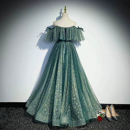 A line Off the Shoulder Green Tulle Prom Dresses SH144