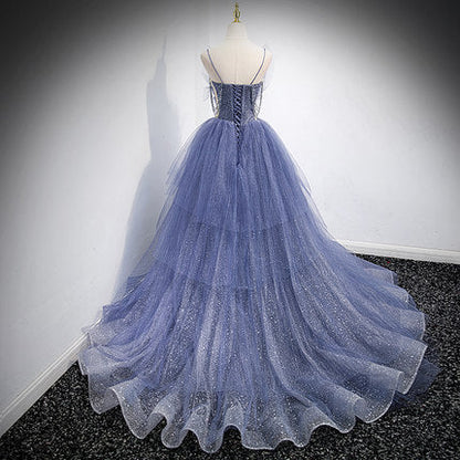 A Line Tulle Prom Dresses Straps Blue Evening Dress SH069