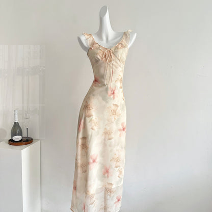 Simple Sheath V Neckline Pink Floral Chiffon Summer Dress Holiday Party Dress Birthday Outfits For Teens DP1409