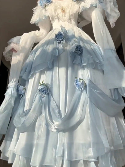 Vintage Ball Gown Off The Shoulder Short Sleeves 16th Blue Birthday Dress Lolita Summer Dress 18th Birthday Outfits W1134