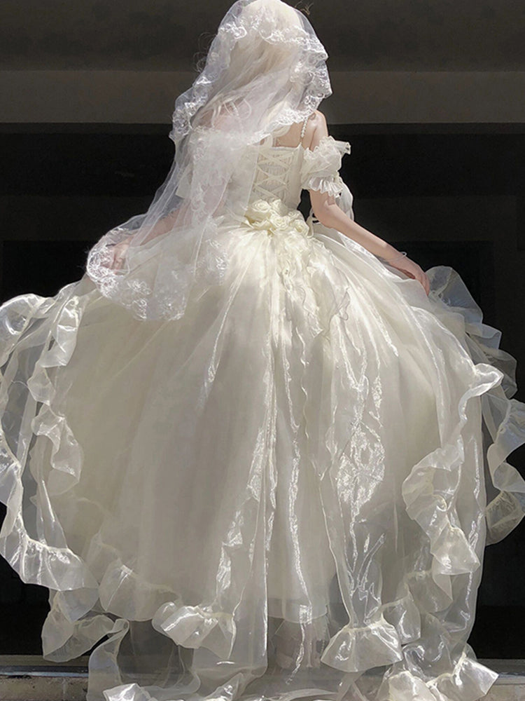 Princess Ball Gown Off The Shoulder Short Sleeves Ivory Floral 16th Chiffon Birthday Dress Lolita Dress 18th Birthday Outfits W1137