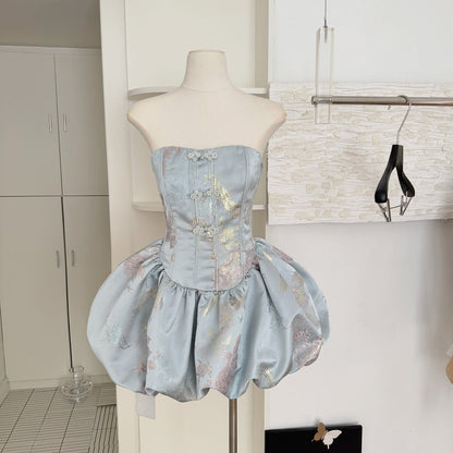 Cute Ball Gown Strapless Satin Floral Pink Short Summer Dress Holiday Party Outfits For Women DP0097