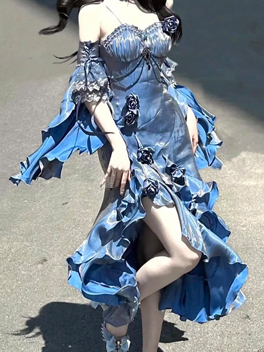 Vintage High Low Spaghetti Straps Blue 16th Birthday Dress Lolita Dress Satin Birthday Outfits DP0218