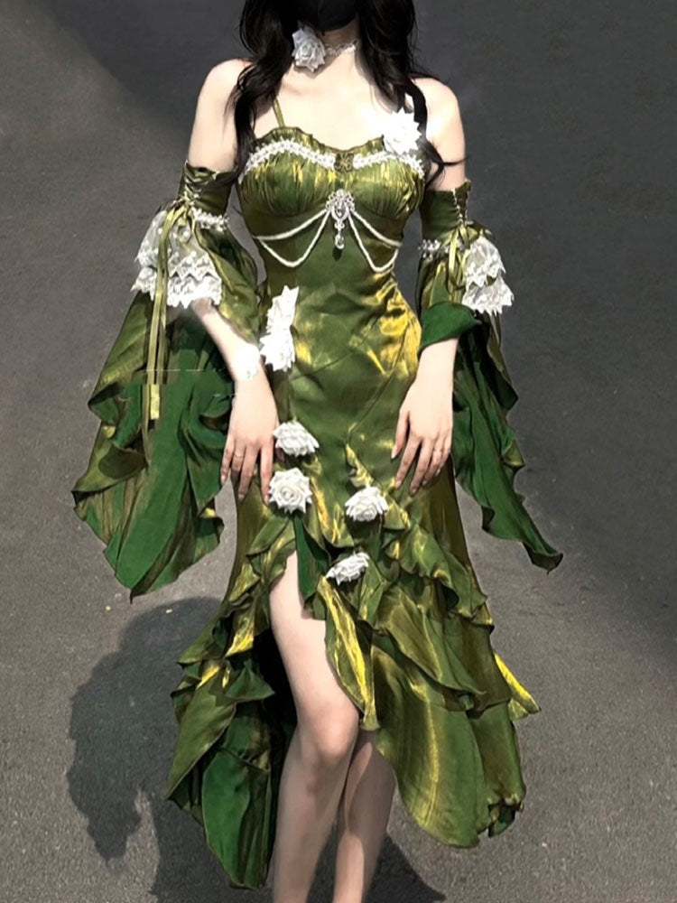 Vintage High Low Spaghetti Straps Green 16th Birthday Dress Lolita Dress Satin Birthday Outfits DP0222