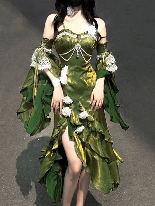 Vintage High Low Spaghetti Straps Green 16th Birthday Dress Lolita Dress Satin Birthday Outfits DP0222