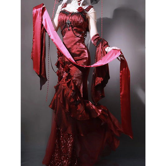 Vintage High Low Spaghetti Straps Burgundy 16th Birthday Dress Lolita Dress Satin Birthday Outfits DP0217