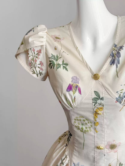 French retro plant print homecoming dress for women summer short niche design 11288