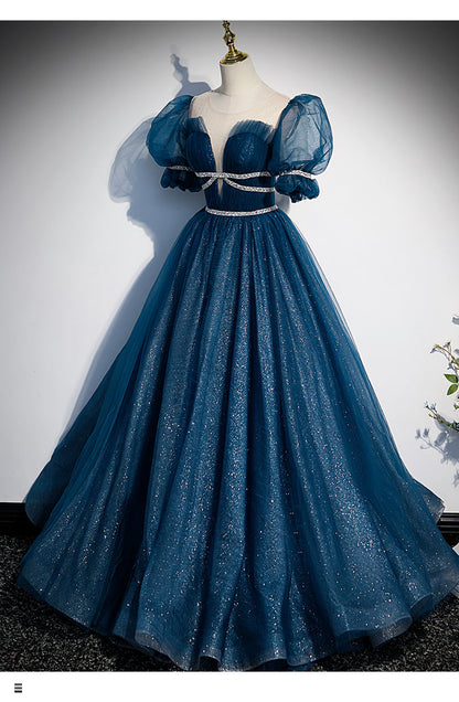 Princess Tulle Blue Short Sleeves Long Prom Dresses SH042