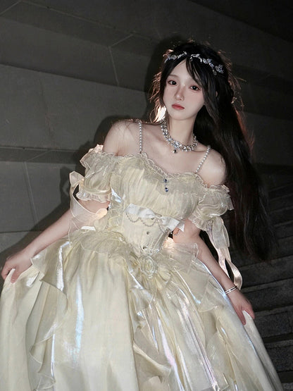 Princess Ball Gown Off The Shoulder Short Sleeves Ivory Floral 16th Chiffon Birthday Dress Lolita Dress 18th Birthday Outfits W1218