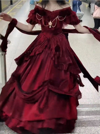 Retro Ball Gown Off The Shoulder Short Sleeves Burgundy Floral 16th Chiffon Birthday Dress Lolita Dress 18th Birthday Outfits W1204