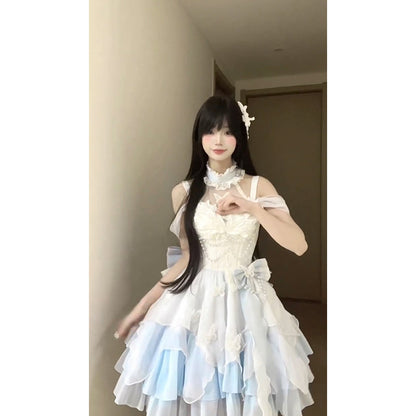 Vintage Ball Gown High Neck Light Sky Blue Chiffon Short Summer 18th Birthday Dress Lolita Dress Birthday Outfits W1208