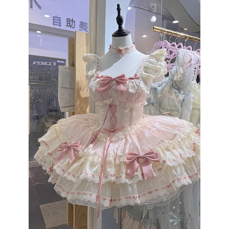 Sweet Ball Gown Square Neck Pink Lace Short 16th Birthday Dress Lolita Dress Birthday Outfits W1207