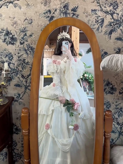 Retro Ball Gown Off The Shoulder Short Sleeves White Rose Floral 16th Chiffon Birthday Dress Lolita Dress 18th Birthday Outfits W1212