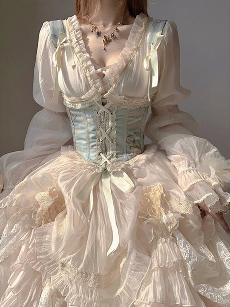 Retro Ball Gown V Neck Long Sleeves White Rose Floral 16th Chiffon Birthday Dress Lolita Dress 18th Birthday Outfits W1213