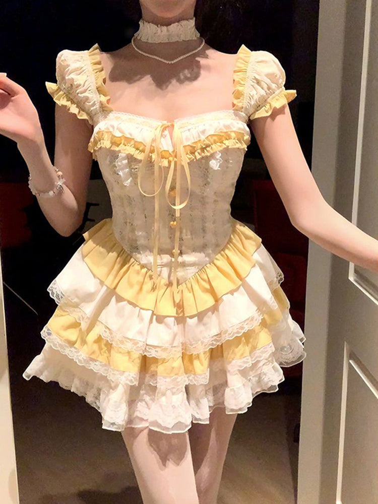 Sweet Ball Gown Square Neck Yellow Lace Short 16th Birthday Dress Lolita Dress Birthday Outfits W1214