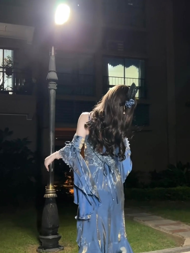 Vintage Mermaid Spaghetti Straps Blue Long Summer 18th Birthday Dress Lolita Dresses Birthday Outfits W1225