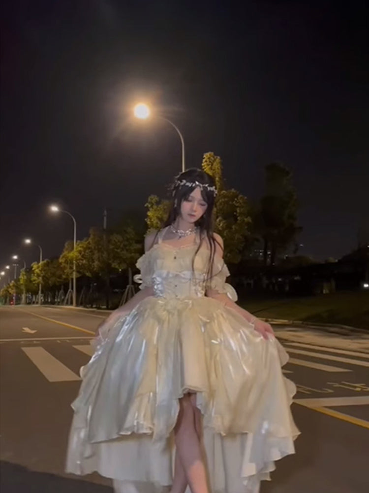 Princess High Low Off The Shoulder Short Sleeves Ivory Floral 16th Chiffon Birthday Dress Lolita Dress 18th Birthday Outfits W1220