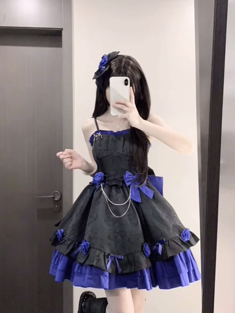 Retro Ball Gown Straps Short Royal Blue Mini Floral 16th Birthday Dress Lolita Dress 18th Birthday Outfits W1211