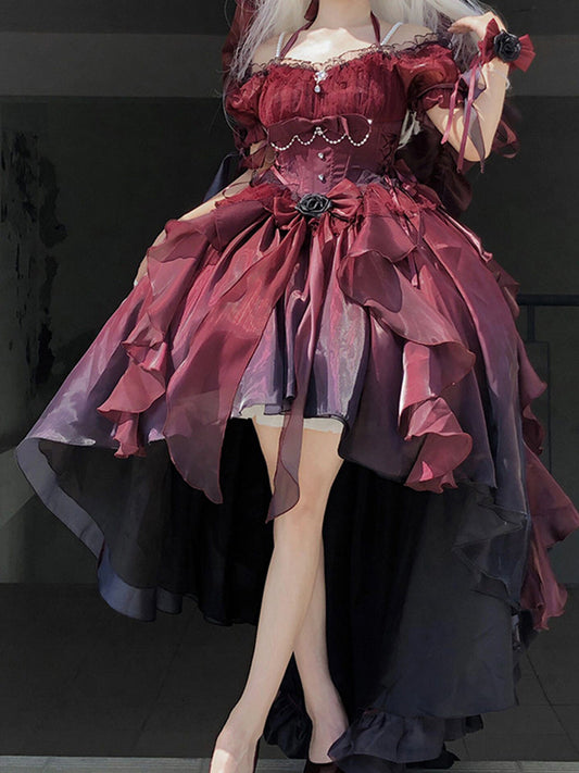 Beautiful High Low Off The Shoulder Short Sleeves Ombre Burgundy Floral 16th Chiffon Birthday Dress Lolita Dress 18th Birthday Outfits W1222