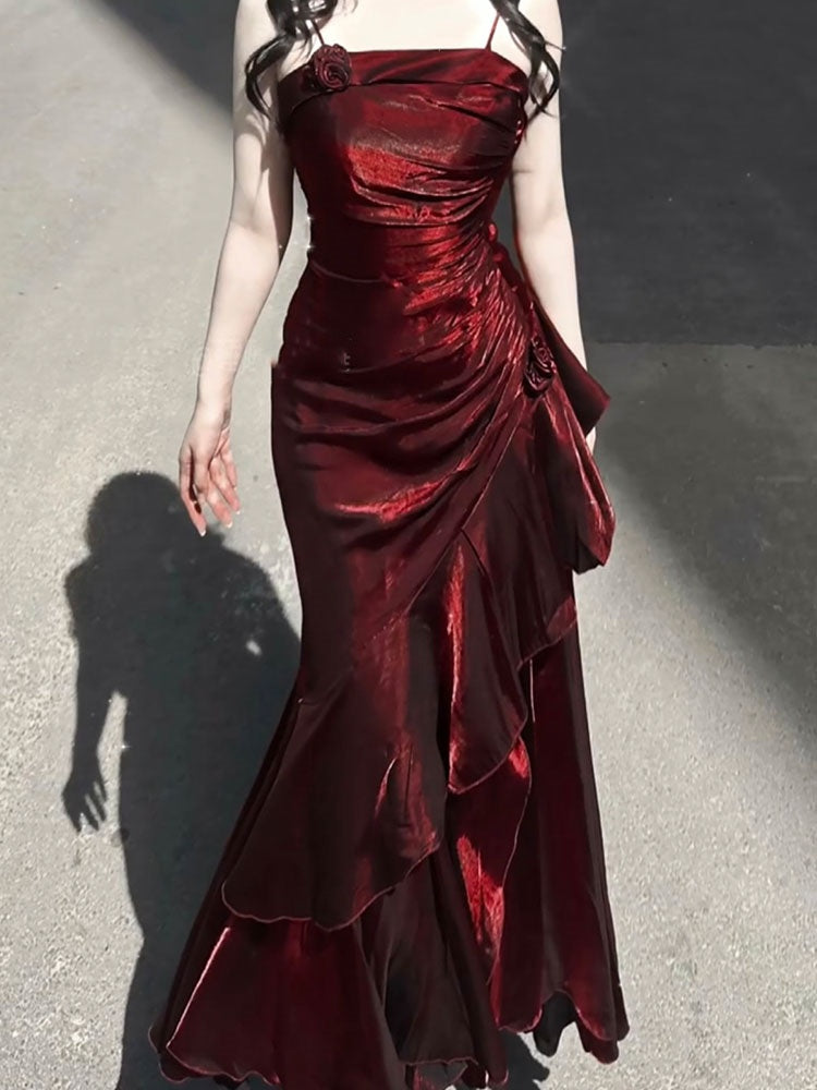 Vintage Mermaid Spaghetti Straps Burgundy Long Summer 18th Birthday Dress Lolita Dresses Birthday Outfits W1217